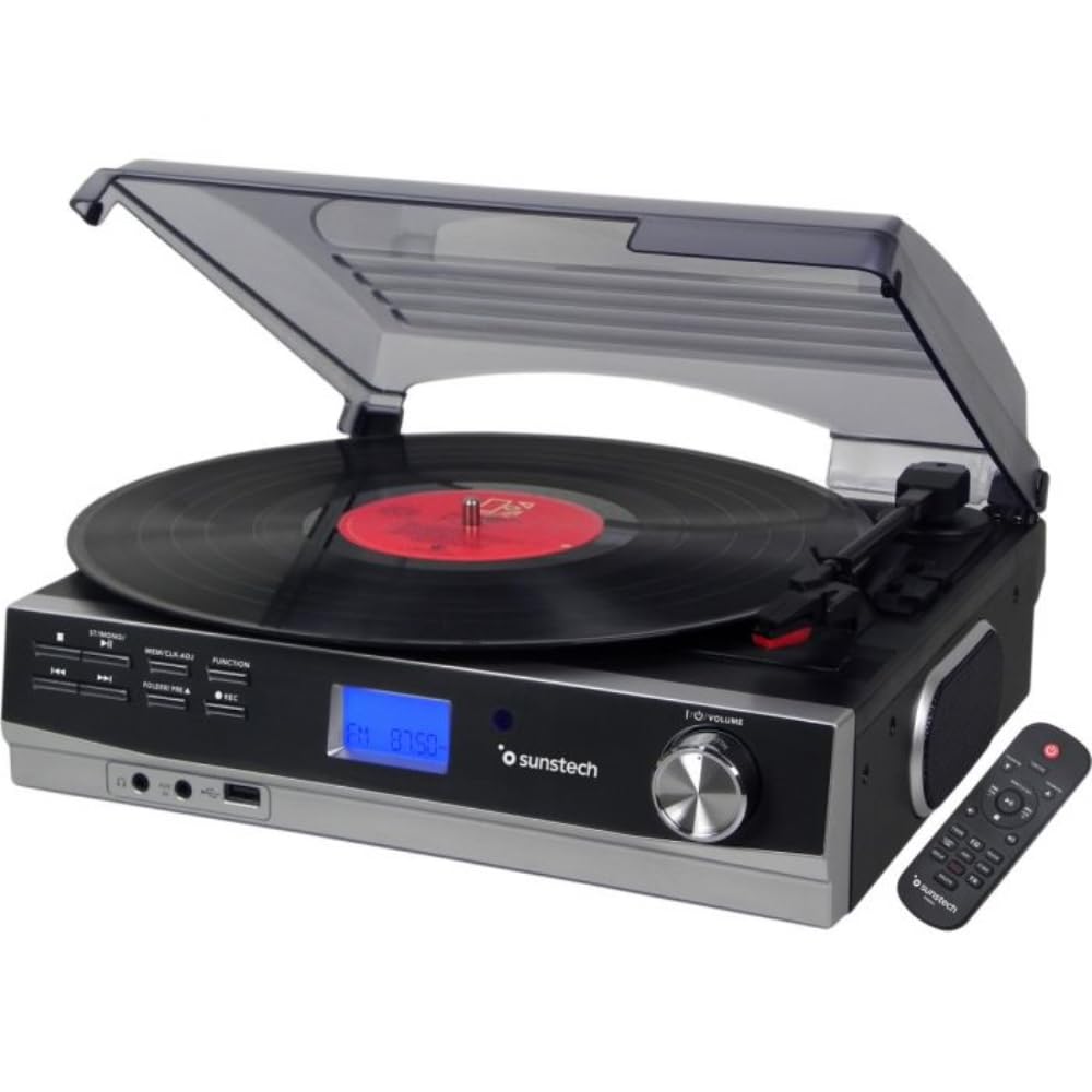 Sunstech PXR23 - Tocadiscos de Vinilo Vintage, Reproductor de Vinilo y Reproductor de Musica Mediante Bluetooth, USB y sintonizador de Radio FM. 2 Altavoces Incorporados (10W). Color Negro.
