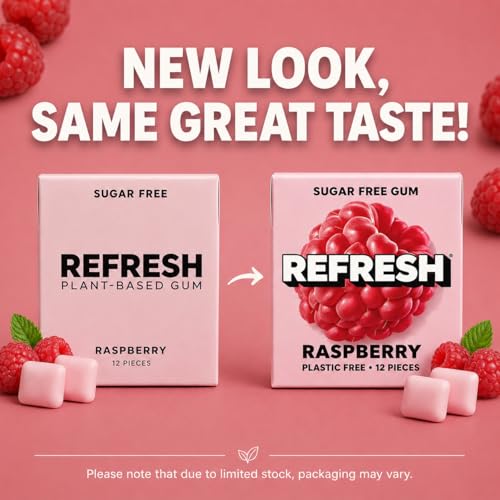 Image of Refresh Plant Based Gum, Sugar Free, Xylitol, 12 Pcs, 6 Pack (Raspberry)