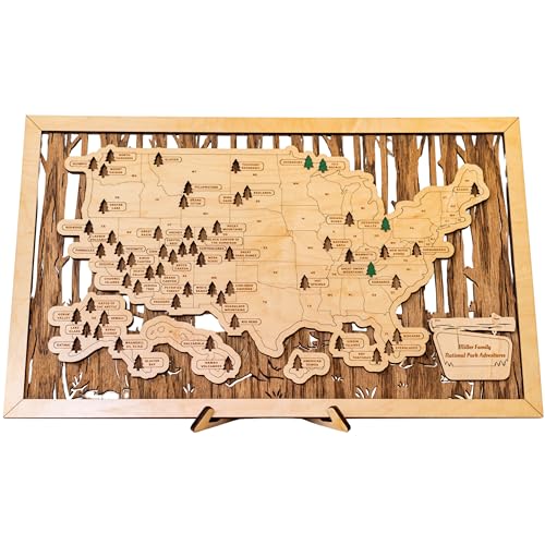 Wooden National Parks Map 11x19 Push Pins Travel Tracker - US Gifts Decor Upgraded Scratch Off Checklist Wood Poster Bucket List - Ready to Hang & Stand Included (Personalized)
