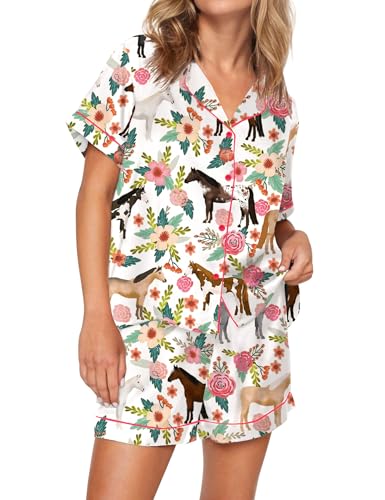 Image of SHESHOW Satin Pajamas for Women Set Preppy Animals Pjs Short Sleeve Shorts 2 Piece Loungewear Sets XS-XXL