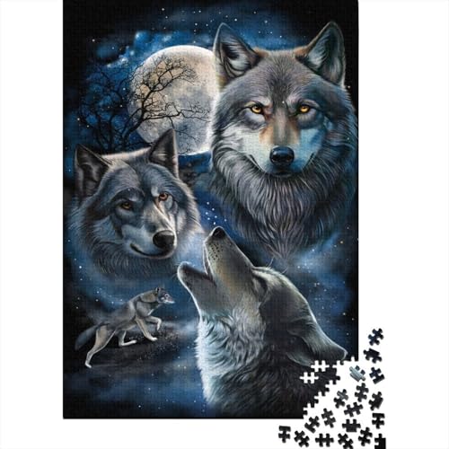 Puzzle de lobo de 1000 piezas para adultos, temática de luna noche en cartón de 70 x 50 cm