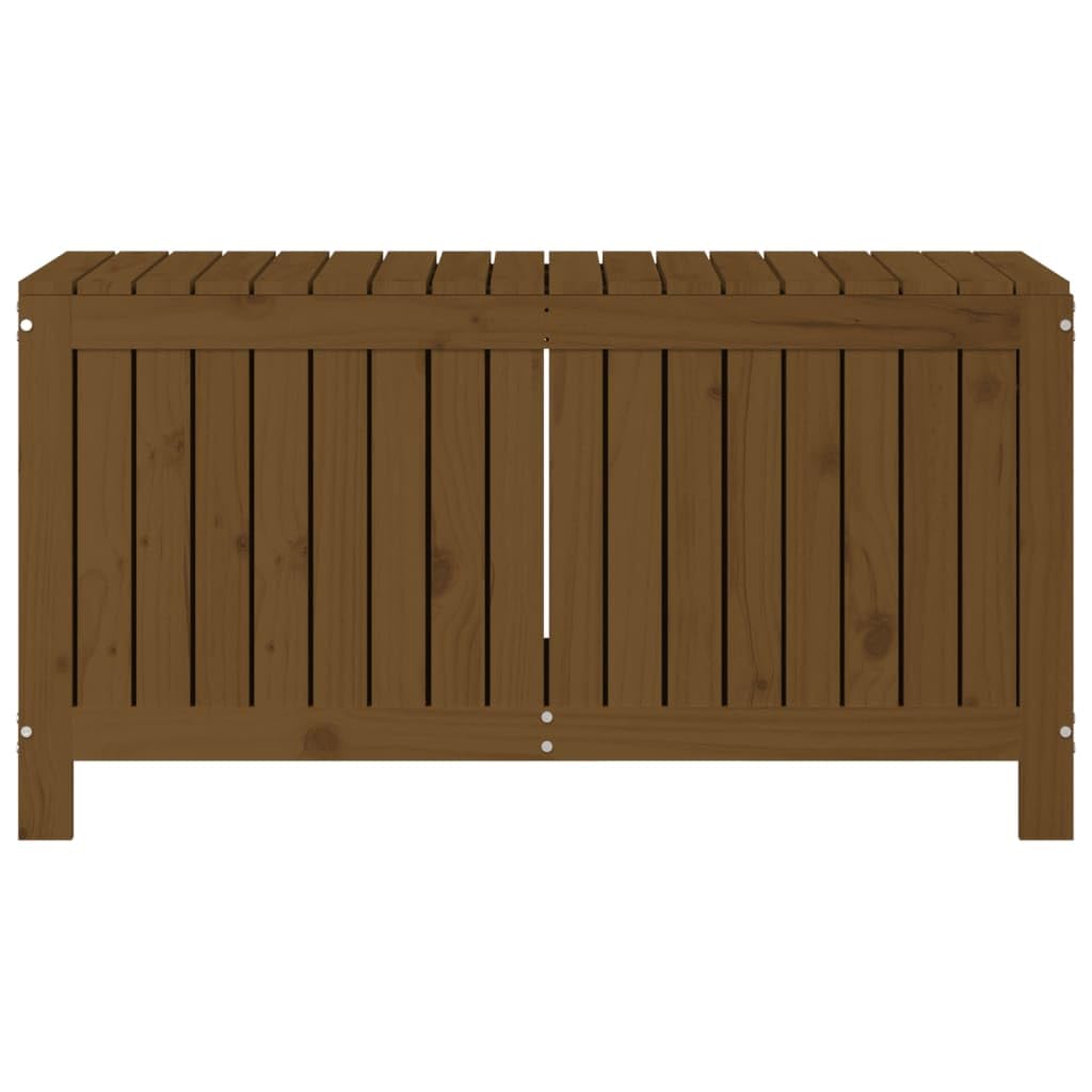 Caja de almacenamiento para jardín, 115 x 49 x 60 cm, madera de pino maciza, color marrón, miel, caja exterior con tapa de elevación hidráulica de gas y listones abiertos para ventilación