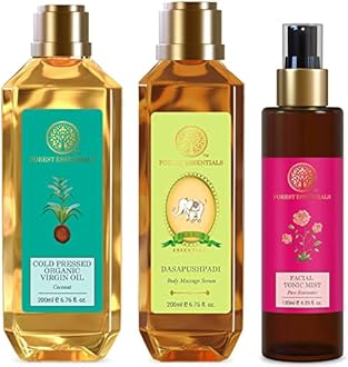 Forest Essentials Dasapushpadi Baby Body Massage Serum 200ml (Baby Oil) & Organic Cold Pressed Virgin Oil Coconut 200ml & Facial Tonic Mist Pure Rosewater 130ml (Face Toner)
