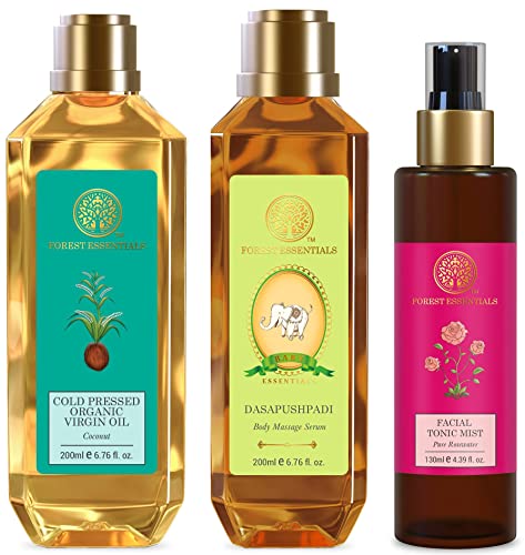 Forest Essentials Dasapushpadi Baby Body Massage Serum 200ml (Baby Oil) & Organic Cold Pressed Virgin Oil Coconut 200ml & Facial Tonic Mist Pure Rosewater 130ml (Face Toner)