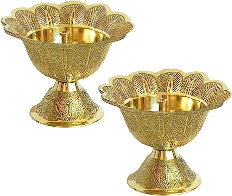 SATYA EXPORTS Brass Traditional Design Lotus Akhand Diya Oil Lamp for Home Pooja and Decoration (Pack of -2)