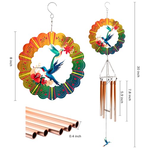 Image of Wind Chimes with Hummingbird Wind Spinner, Gifts for Mom Women Grandma Birthday Retirement Teacher, 31 inch Windchimes Outdoor Decor Hanging Mobile for Garden Porch Patio Backyard