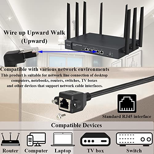 Upward 90°Angle RJ45 LAN Network Extension Cable Cat6 RJ45 90 Degree Male to Female Shielded Ethernet Network Connector Screw Panel Mount 8P8C Cable [2pack/Upward ][0.6M/1FT]