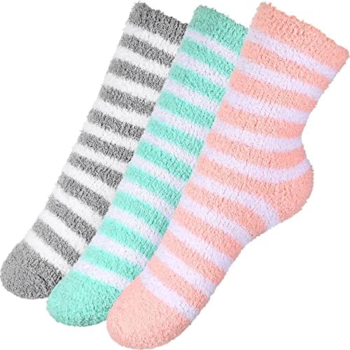 3 Pairs Winter Fluffy Socks Cosy Winter Socks for Women and Girls, Soft Fuzzy Slipper Socks, Thick Warm Striped Sleeping Socks