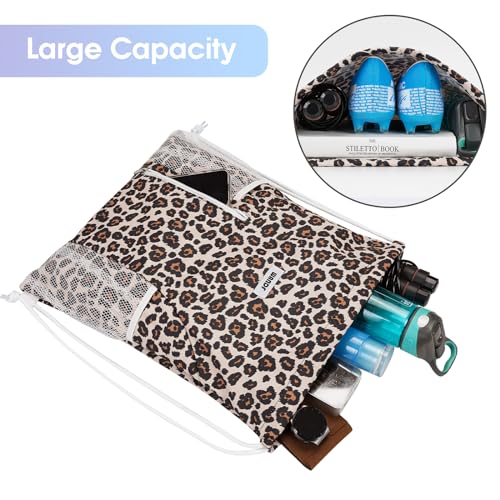 Image of WANDF Drawstring Backpack Sports Gym Sackpack with Mesh Pockets Water Resistant String Bag for Women Men (Pink Leopard)