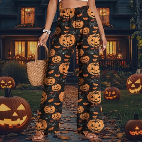 Halloween Pants for Women Funny Cute Pumpkin Ghost Print Casual Trousers Fall Holiday Wide Legs Pants Drawstring2