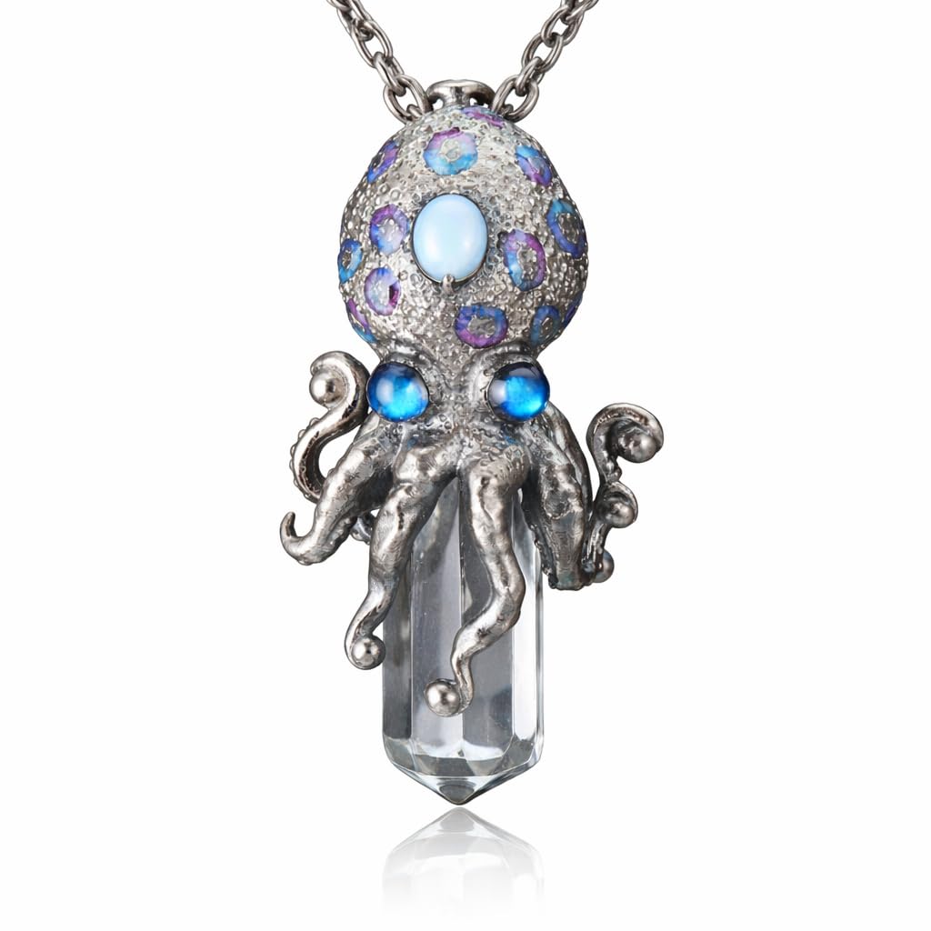 Generisch 925 Sterling Silber Oktopus Anhänger mit Labradorit und Bergkristall 3,7 x 2 cm 9 g Unisex Gothic Fantasy Schmuck