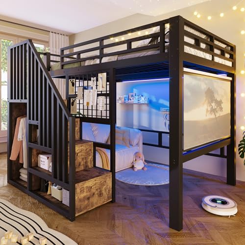 Zepneiy Lit Mezzanine avec éclairage LED 140x200 cm,lit à Cadre en métal avec Projecteur pouvant être Suspendu,Lit Mezzanine Double avec escalier de...