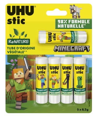 UHU Stic ReNATURE Minecraft - Pack de 2 paquetes (2 x 5 palos = 10 x 8,2 g) - 98% fórmula natural - Tubos 58% de origen vegetal - Pegamento papel, cartón, fotos - Edición escolar