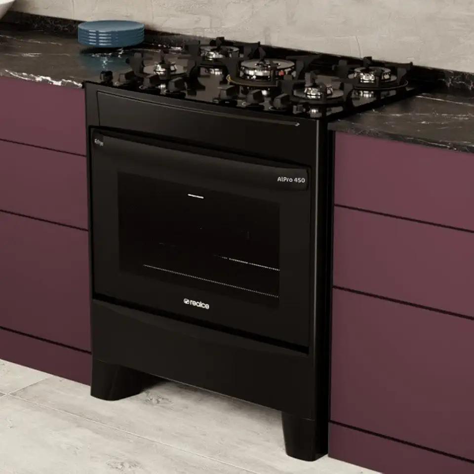 Realce Fogão 5 Bocas a Gás/Elétrico com Airfryer 127v Alpro 450 CR233 Preto com Mesa de Vidro Temperado