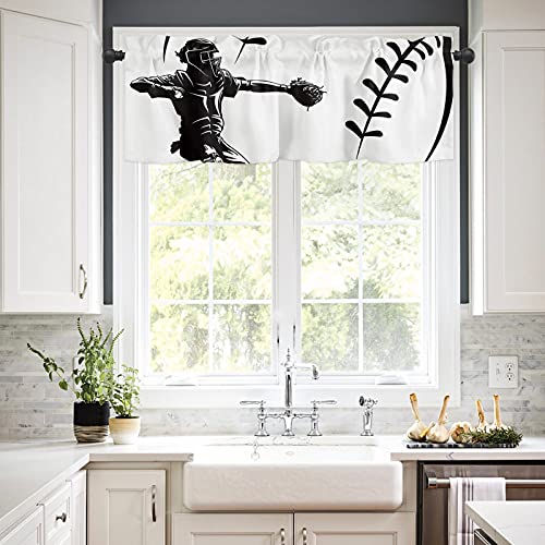 Anzona Curtain Valance 54" X 18", Black And White Big Baseball Catcher Window Valances Rod Pocket Curtains Drapes, Sport Boy Simple Short Topper Curtain For Kitchen Cafe Living Room, 1 Panel #TOP1
