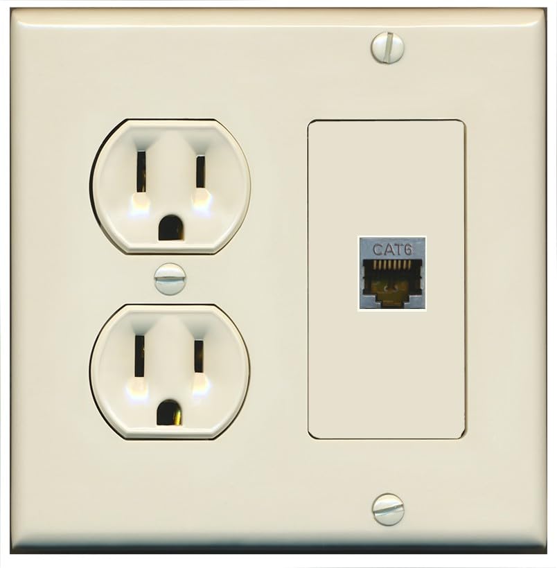 15 Amp Round Power Outlet 1 Port Cat6 Shielded Ethernet Wall Plate [Light-Almond]
