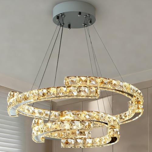 Daksan Lustre Pendente LED Dourado Moderno - 2 Anéis Ajustáveis (40+60cm) - Controle Remoto 3000K-6000K - Para Sala de Jantar e Quarto 116W