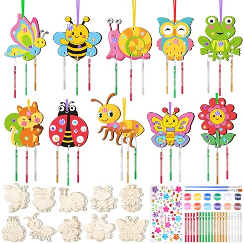 JellyArch 30 Pcs Spring Wind Chime Making Kit DIY Wooden Spring Insect Wind Chimes with Paint & Stickers Craft Activity Creative for Church Party Windows Decoration