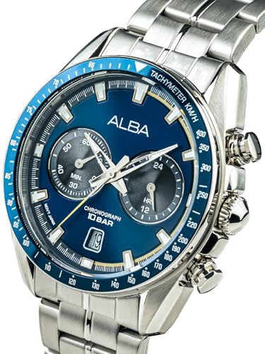 Image of ALBA Stainless Steel Men's Signa Analog Blue Dial Watch (A4B017X1), Band Color:Silver