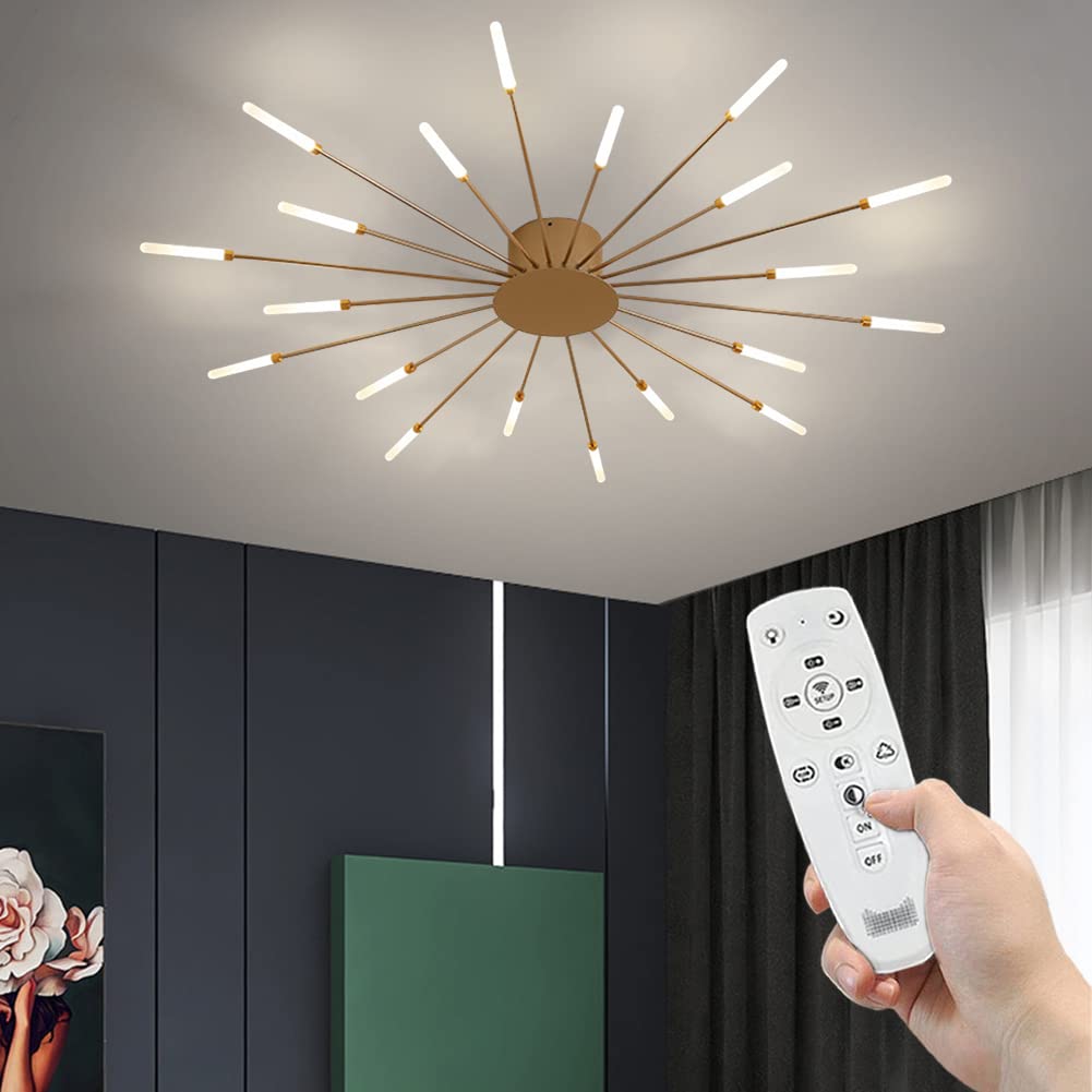 Modern Fireworks Ceiling Light With Remote Control, LED Creative Flower Shape Ceiling Lamp Fixture Nordic Semi-Flush Mount Acrylic Ceiling Lighting For Living Dining Room Bedroom (Gold,20-Light)