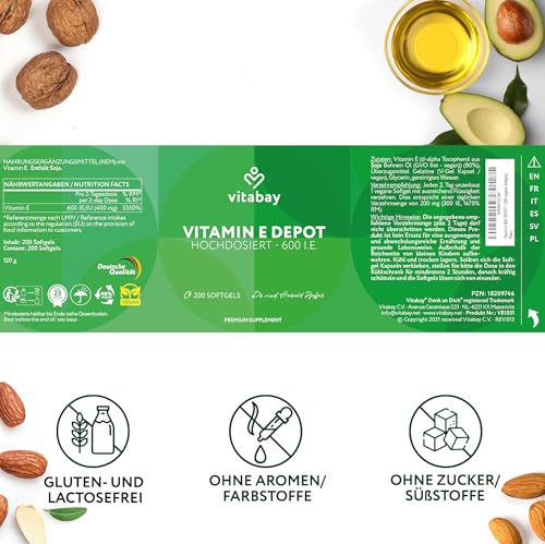 Vitabay Vitamin E 600 I.E. Depot – 200 vegane Softgel Kapseln – natürliches D-Alpha-Tocopherol – hochdosiert – schützt die Zellen vor oxidativem Stress – laborgeprüft – 12 Monate Vorrat
