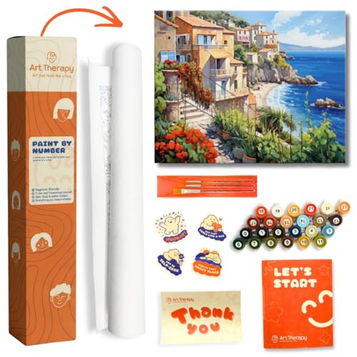 Image of Art Therapy Pcn30 Linen Canvas DIY Paint by Numbers Kit 15 x 20 Inch for Adults and Kids with 2 Set of Acrylic Oil Painting Colors with Brushes for Stress Relief & Home Decoration (Seaside Haven)