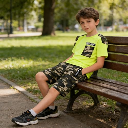 Image of LOLANTA Boy Summer Outfit Casual Clothes 2Pcs Cotton T-shirt Shorts Set | Kids Short Sleeve T-Shirt, Boy Camouflage Knee-length Shorts, Breathable Fashion Outfits, School Daily Matching Clothing Sets