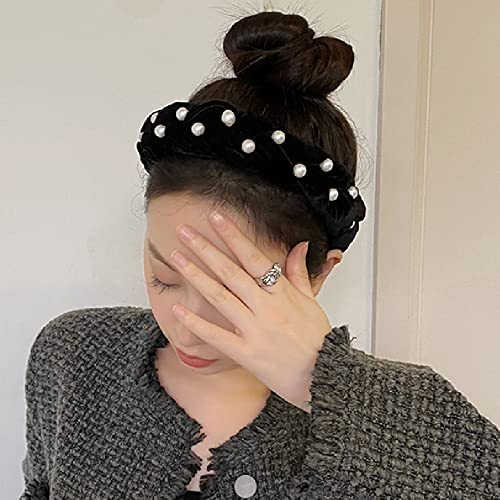 LSHEQYI Pearl Headbands Faux Pearl Velvet Pearl Women Headband Pearl Hair Bands, Black, Pack of 1 - Image 4