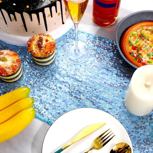 Image of Irenare 2 Pcs White and Blue Tablecloth and Sequin Table Runner Set Polka Dots Confetti Table Cover Dining Plastic Tablecloths Glitter Decorations for Birthday Wedding Anniversary Party Supplies