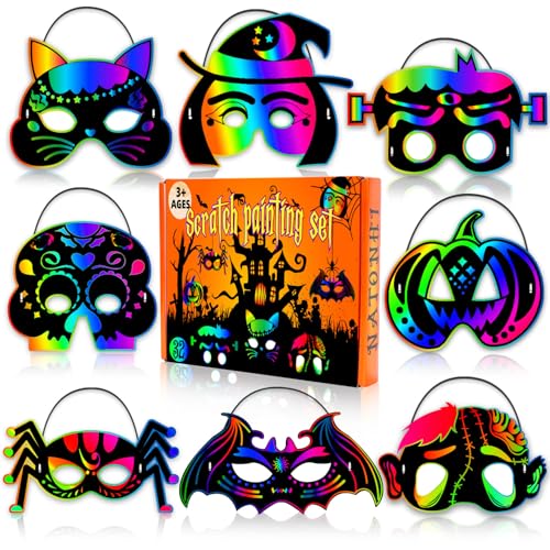Natonhi 32Pcs Halloween Crafts for Kids, Rainbow Scratch Art Mask Kit - image 1