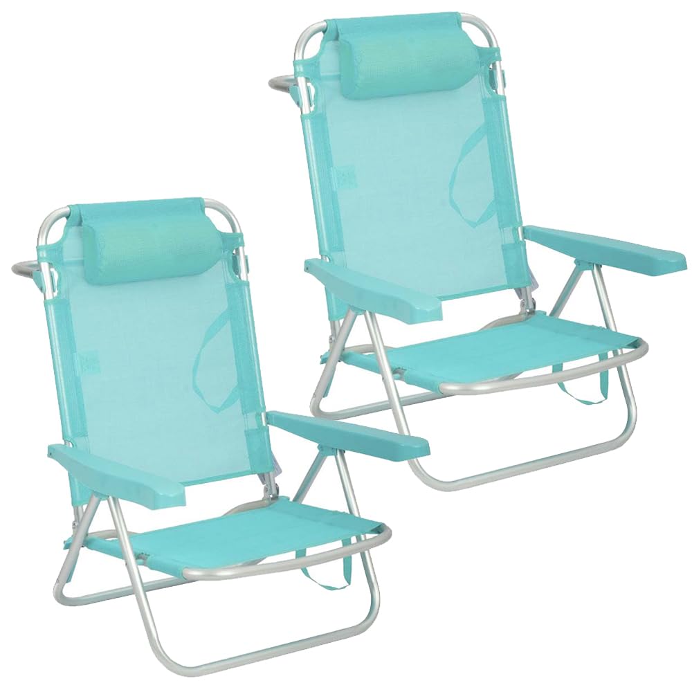 Creaciones Llopis ARW Pack 2 Sillas Playa Plegables con Cojín Reposacabezas 80 x 48,5 x 66 cm. Reclinable Tumbona 114 cm. Largo. (Turquesa)