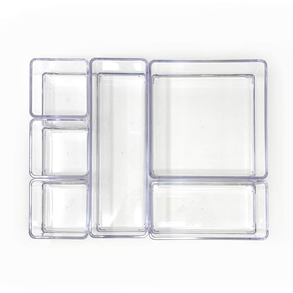Juego organizador de acrílico transparente de 6 bandejas (seis bandejas individuales), multiusos, solución de almacenamiento apilable para maquillaje, manualidades, escritorio, escuela, 2