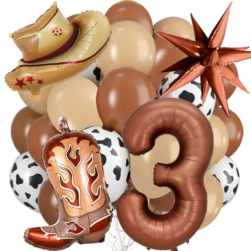 Western Cowboy Party Decorations, 40 Inch Foil Brown Number 3 Balloons, Latex Cowboy Balloons for Cowboy Birthday Party Decorations for Boy