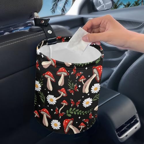 Image of Car Trash Garbage Can Mushroom Daisy Leaves Print Reusable Portable Car Garbage Bin Easy to Clean Collapsible Waste Multipurpose Bin Car Accessories Interior