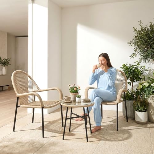 Image of BRISHI Garden Patio Seating Chair and Table Set Outdoor Balcony Garden Coffee Table Set Furniture with 1 Table and 2 Chairs Set with Cushion Braid & Rope (Beige)