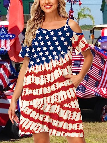 Image of Deerose Womens 4th of July Dresses Cold Shoulder American Flag Tie Dye A-Line Dress with Pockets