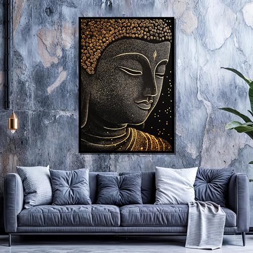 Tableau Bouddha doré 80x120cm sur toile de coton avec cadre intérieur pour salon zen