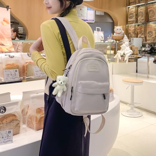 Aesthetic White Backpack for Adults Lightweight Book bag with Bear Pendant and Pins,White2