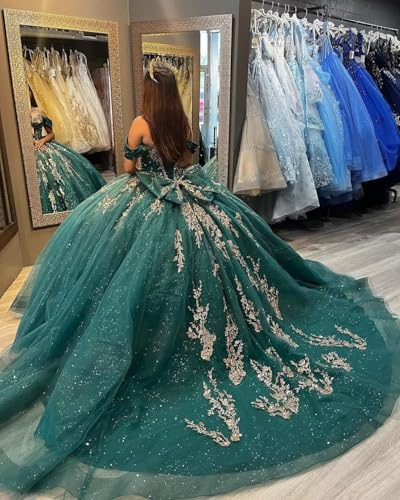 Mauuwy Gold Beaded Quinceanera Dresses Off Shoulder XV Dresses Luxury Tulle Sweet 16 Dresses Ruched Ball Gown with Bow4