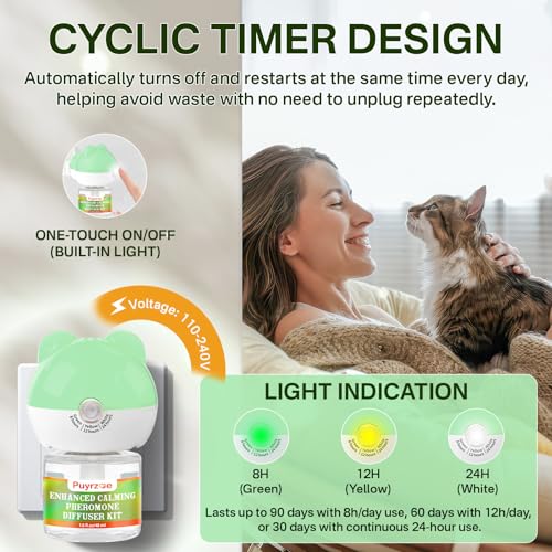 Puyrzoe Cat Calming Diffuser with Three Timing Functions, 6-IN-1 Cat Pheromones Calming Diffuser Kit, 120-Day Cat Calming Plug-in Support Anxiety, Stress, and Relaxation for Cats 2 Diffusers+4 Refills - Image 5