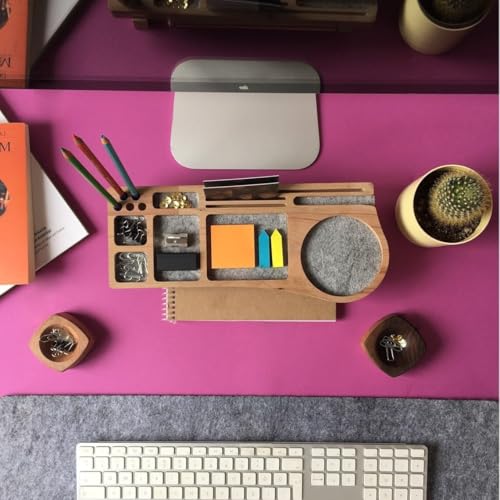Image of Wooden Desk Organizer with Phone Stand, Multi-Compartment Stationery Holder, Natural Wood Finish (STYLE-1)