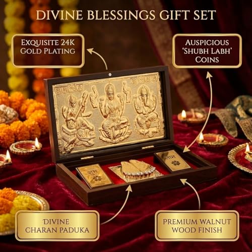 Image of Laxmi Ganesh Saraswati Pocket Temple for Pooja Room, Gifting for Wedding /Marriage | Gold Plated Photo Frame with & Charan Paduka - (Large) 8.4x4.5 Inch - Pack of 1