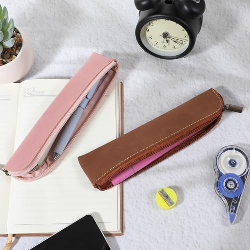 Image of Psyqtsuary Leather Pencil Pouch, 2 Pcs Soft Flat Slim Pencil Case Portable Small Pencil Pouch with Zipper Simple Makeup Bag Lipstick Case for Women Men Home, Office, Travel Outdoor (Pink, Brwon)