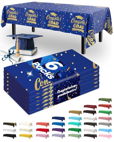 Image of Pureegg Plastic Table Cloth Disposable 6 Pcs 54 x 108 Inch Graduation Black | Graduation Party, Class of 2026, School Celebration, Waterproof, Black, Tablecloth