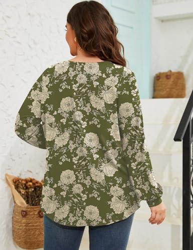 TFSDOD Women Plus Size Tops Long Sleeve Shirts V Neck Pleated Keyhole Blouse Loose Work Tunic Tee 1X-5X3