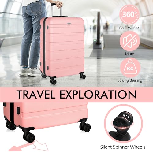 Image of AnyZip Luggage Sets 3 Piece PC ABS Hardside Lightweight Suitcase with 4 Universal Wheels TSA Lock, Pink, 24 inch Checked-Medium, Central Hardside Expandable Luggage with Spinner Wheels