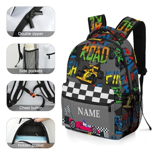 Custom Colorful Car Cartoon Backpack for Kids Girls Boys Add Name Personalized 3 in 1 Book Bags with Lunch Box Kids Water Bottle Customized School Bag Set3