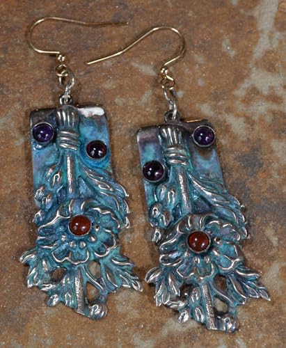 Fanciful Floral Verdigris Patina Brass Dangle Earrings - Amethyst, Carnelian and Garnet2