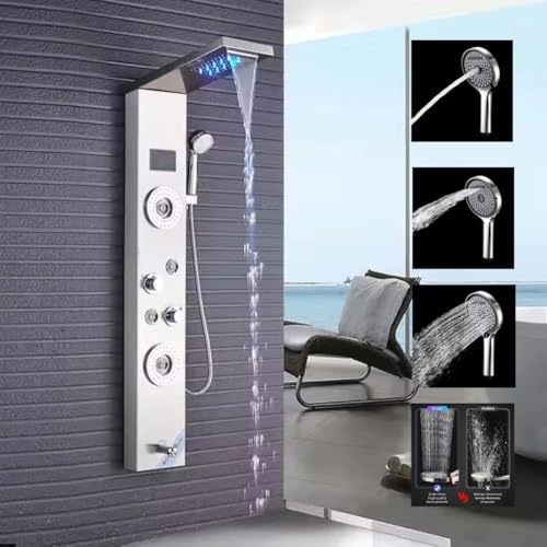 Image of Stainless Steel 304 Grade Shower Panel 8in1+ Extra Large 3Ways Hand Shower With LED Rainfall Waterfall 2Body Massage 4Mist Spray Temperature Display Shower Panel (Chrome)