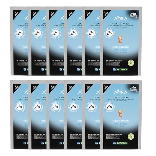 AURA | Pack 12 Ambientador Percha para Armario | Ecopack 100% Reciclable | Larga Duración 60 Días | 0% Alcohol (PACK 12, Bebé y Colonia)